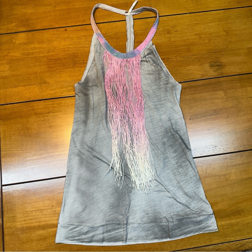 Free People Gray Tank Top with Pink and White Fringe